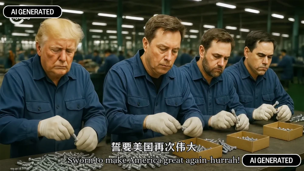 AI-generated image of Trump, Elon Musk, JD Vance, and Marco Rubio working in a factory with a pile of bolts before each of them.