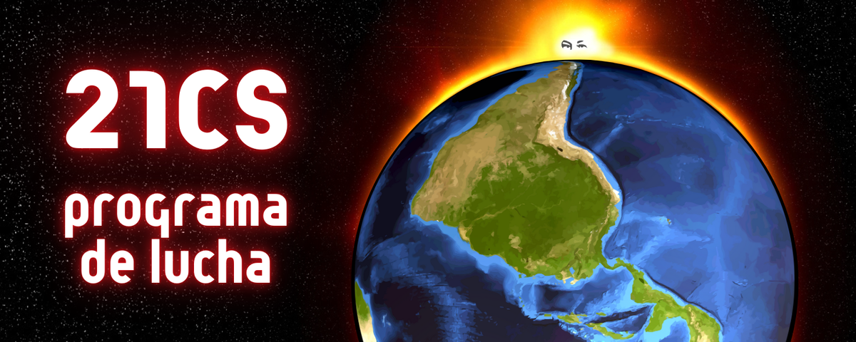 21CS programa de lucha. Image of a globe upside down from the usual orientation, showing South America and the Caribbean. The eyes of Hugo Chavez appear in sunlight at the top of the globe