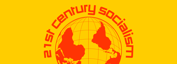 logo of the 21st Century Socialism Caucus in red against a yellow background. The logo depicts the globe with South America and Africa at the top